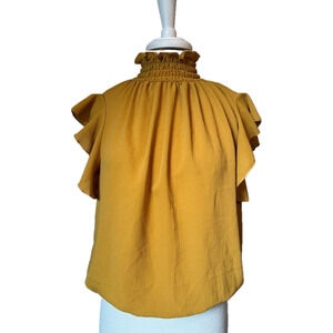 NWT Women's L Boho Crepe High Neck Flutter Sleeve Mustard Blouson Blouse